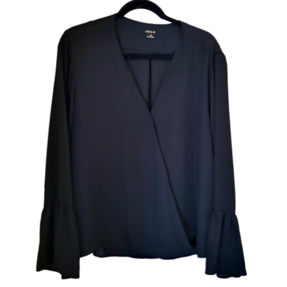 IMAN 1X Black Long Sleeve Top Bouse Shirt Blouson V Neck Bell Sleeves